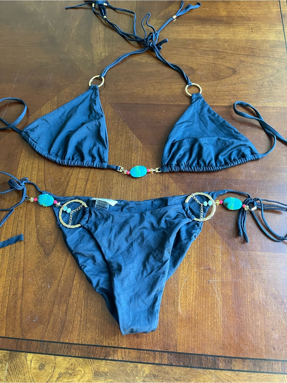 BEACH BUNNY bikini Black Triangle Bikini Set with Turquoise Accents size XL set - Picture 5 of 14